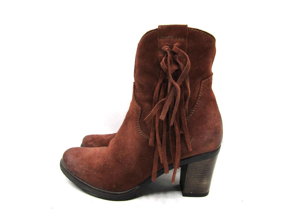 MIZ MOOZ Womens Sz 37 EUR Red Brown Suede Zip Fringe Ankle Fashion Boots Bootie